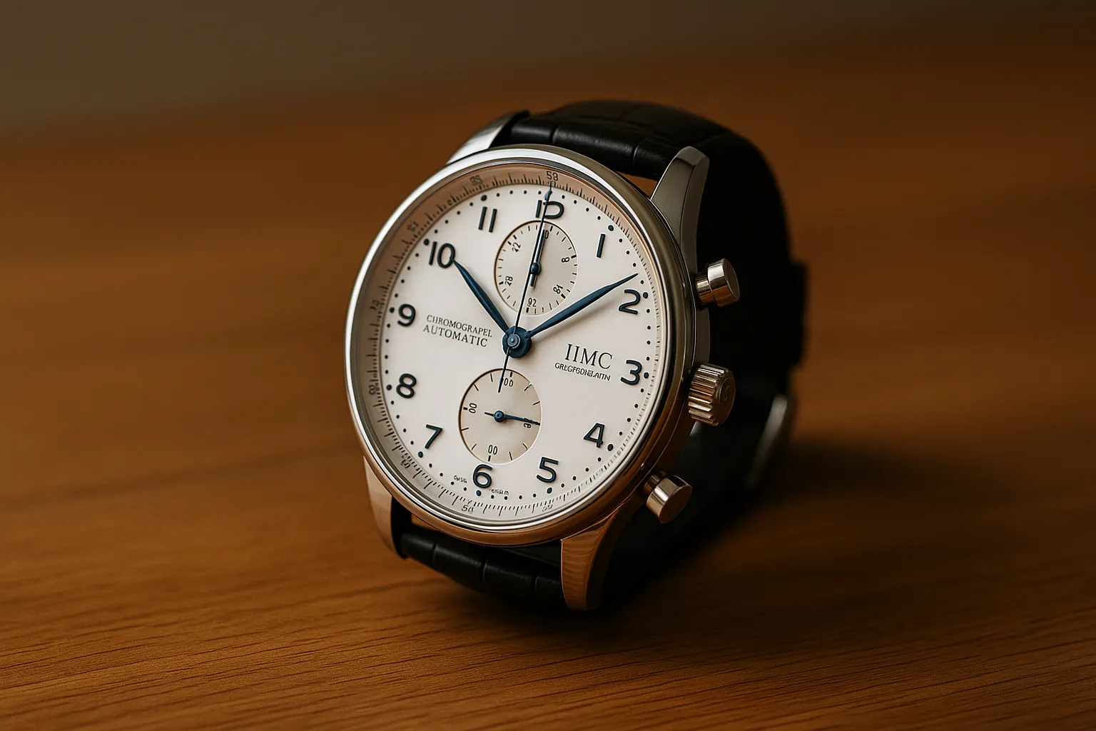 木製テーブルに置かれた高級腕時計ブランド「IWC」のクロノグラフモデルの写真