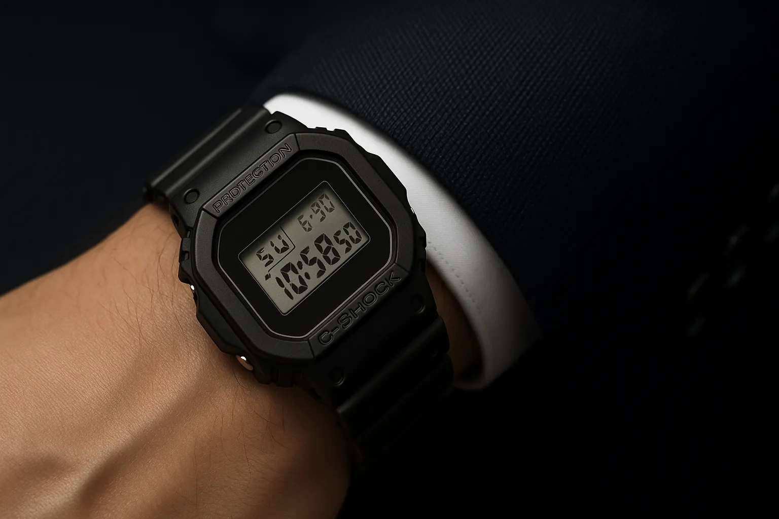 スーツの袖口に合わせたG-SHOCK風の腕時計の着用イメージ