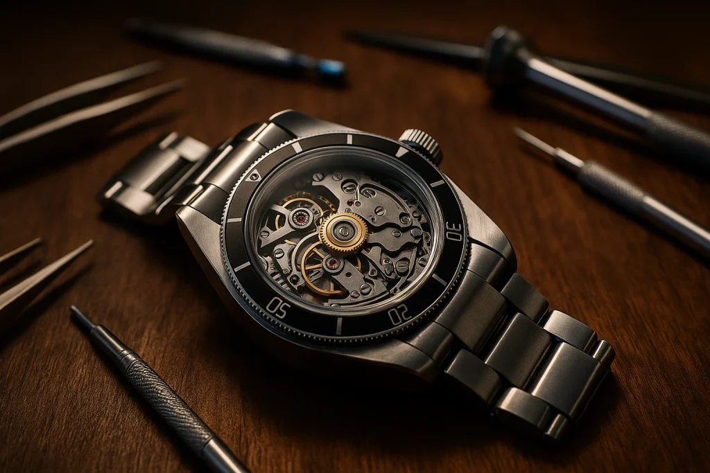 チューダーのオーバーホールとムーブメント載せ替えをイメージした高級時計の写真
