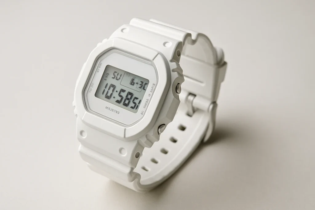 白いG-SHOCKの腕時計をシンプルな背景で撮影したイメージ写真。清潔感とデザインの魅力を強調。