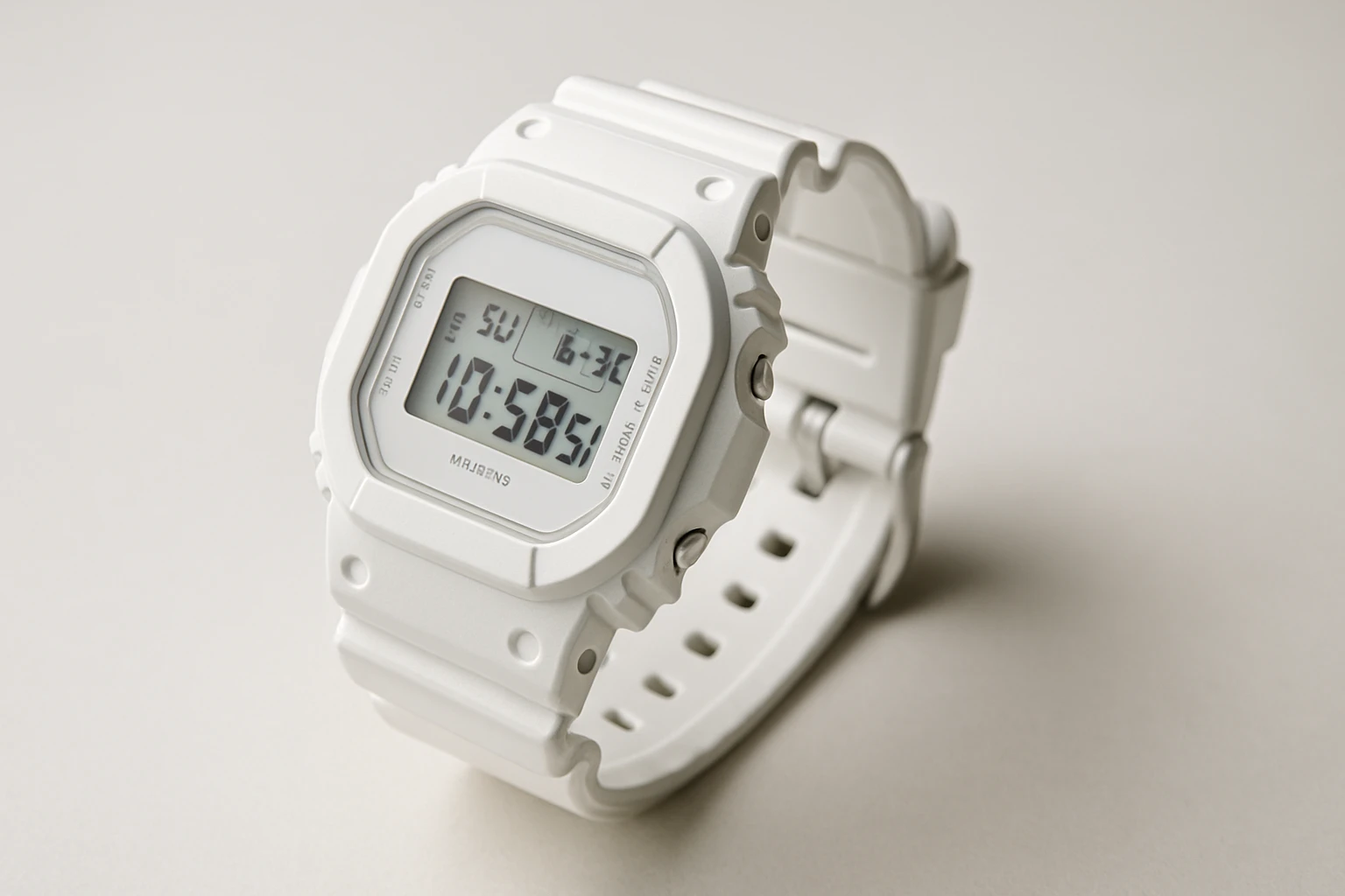 白いG-SHOCKの腕時計をシンプルな背景で撮影したイメージ写真。清潔感とデザインの魅力を強調。