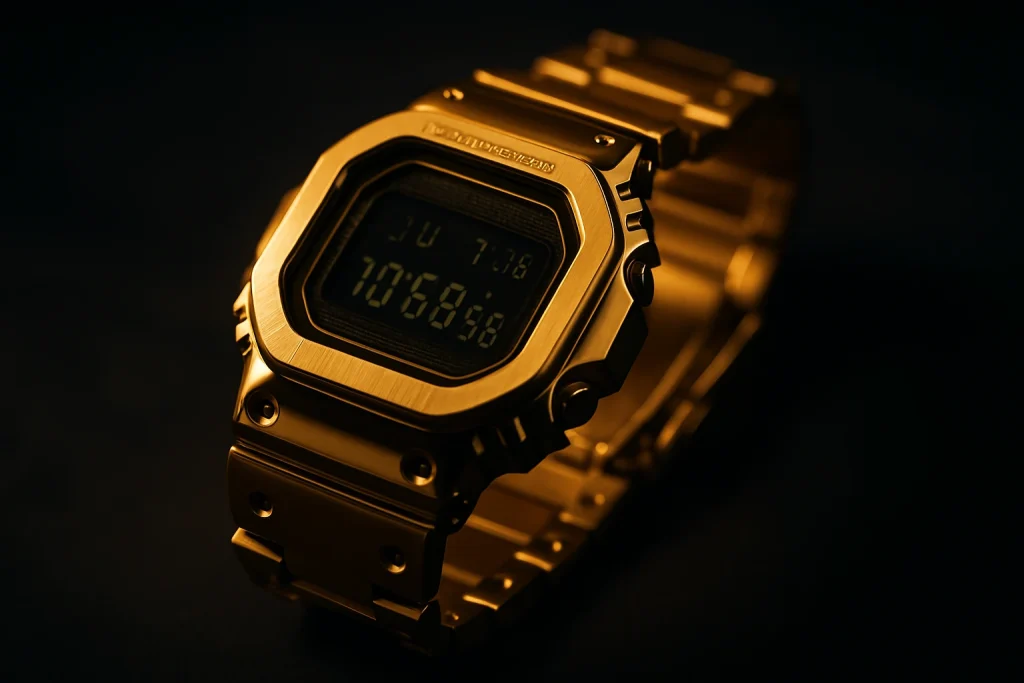 G-SHOCKのゴールドモデルを暗めの背景で撮影した高級感あるメタル時計のクローズアップ