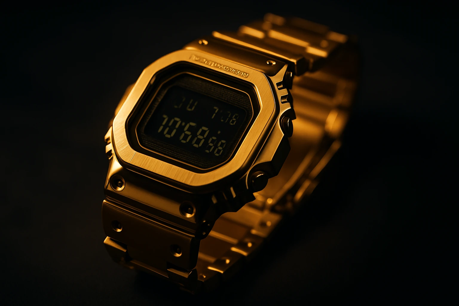 G-SHOCKのゴールドモデルを暗めの背景で撮影した高級感あるメタル時計のクローズアップ
