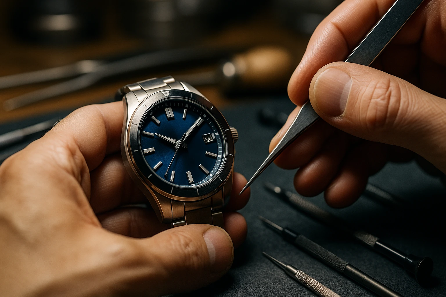 オシアナスの修理作業を行う時計技師の手元と精密工具の写真