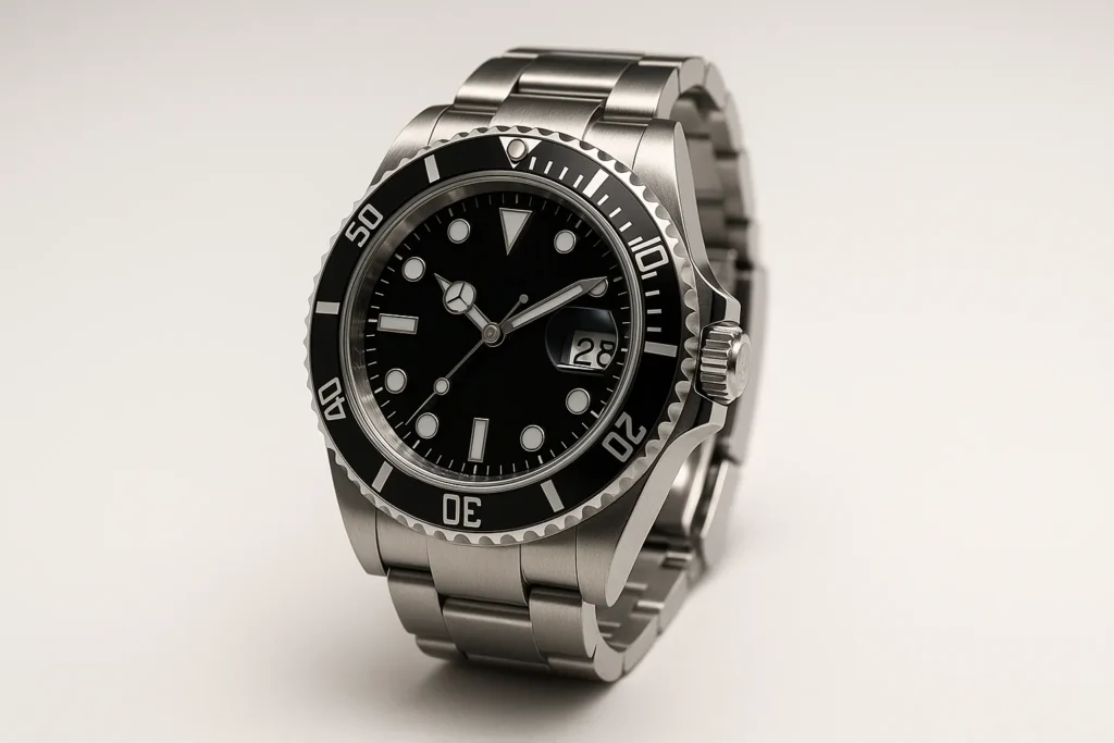 高級感のある黒文字盤のロレックスをイメージした腕時計のクローズアップ写真