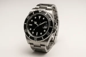 高級感のある黒文字盤のロレックスをイメージした腕時計のクローズアップ写真