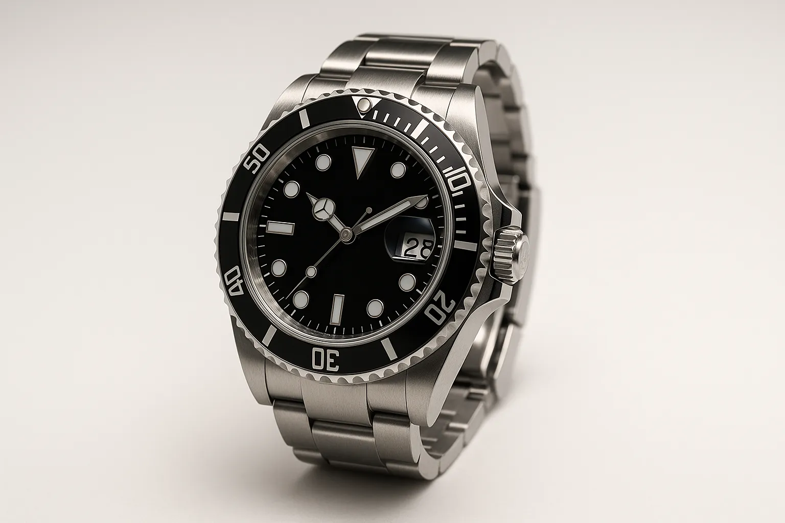 高級感のある黒文字盤のロレックスをイメージした腕時計のクローズアップ写真