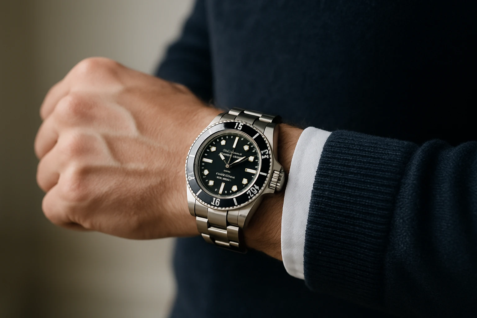 ロレックスの高級感を感じさせる腕時計を着けた男性の手元のクローズアップ写真