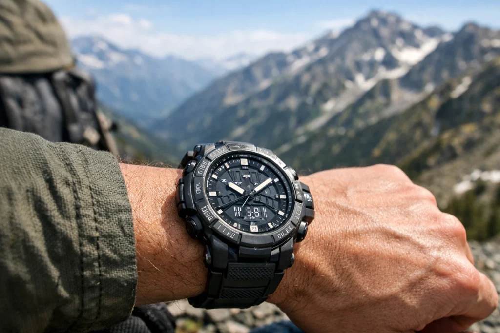 プロトレックの代表的なアウトドアウォッチを着用した登山シーン