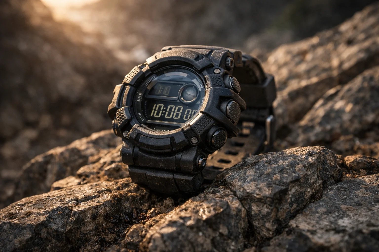 G-SHOCKマッドマンの代表的なモデルを岩場に置いたタフな外観イメージ